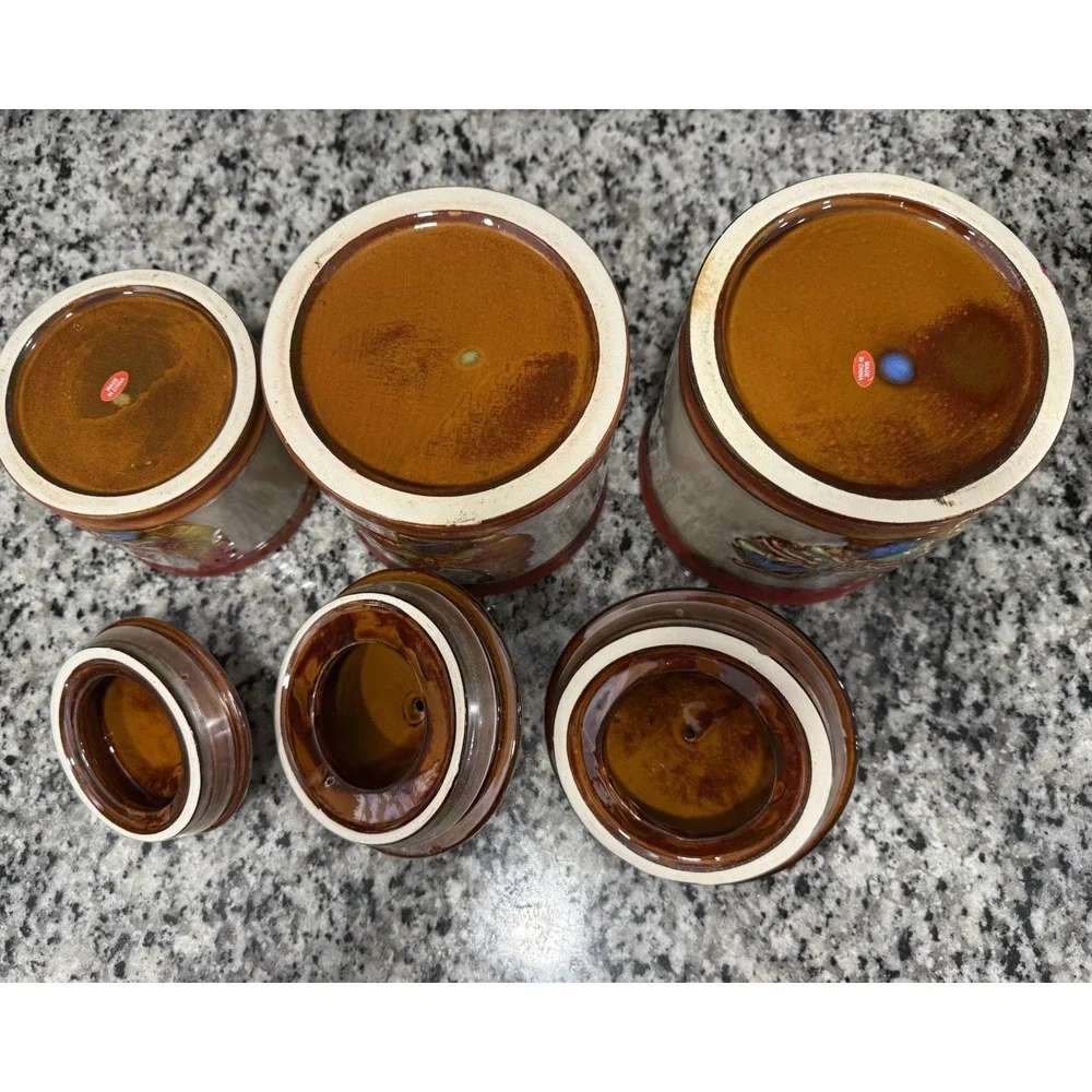 Vintage Rooster Chicken Canister Set of 3 Glazed Pottery Farmhouse Grandma Core
